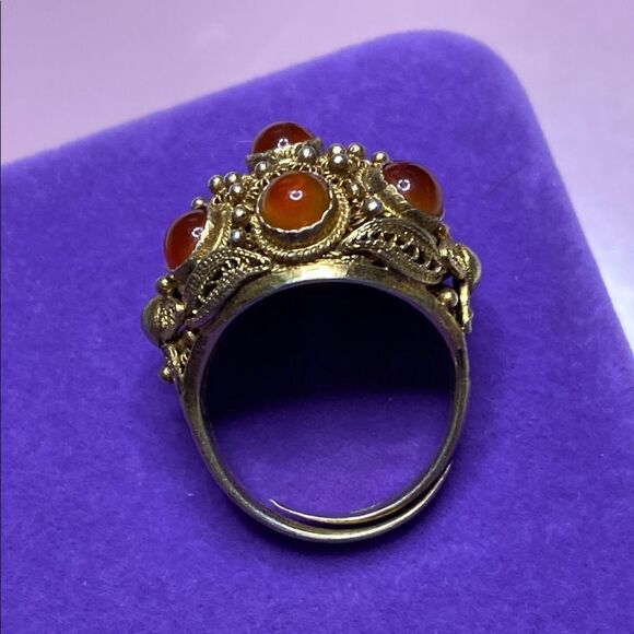 💛 Antique Chinese Sterling Silver Gilt Carnelian w/ Filigree Ring - Picture 3 of 8